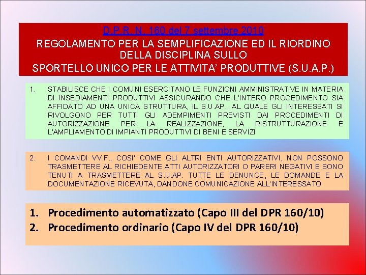 D. P. R. N. 160 del 7 settembre 2010 REGOLAMENTO PER LA SEMPLIFICAZIONE ED