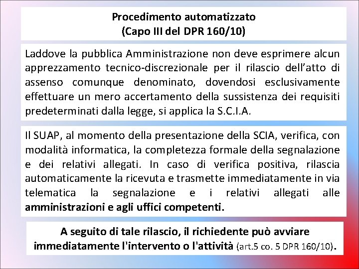 Procedimento automatizzato (Capo III del DPR 160/10) Laddove la pubblica Amministrazione non deve esprimere Procedimento automatizzato (Capo III del DPR 160/10) Laddove la pubblica Amministrazione non deve esprimere