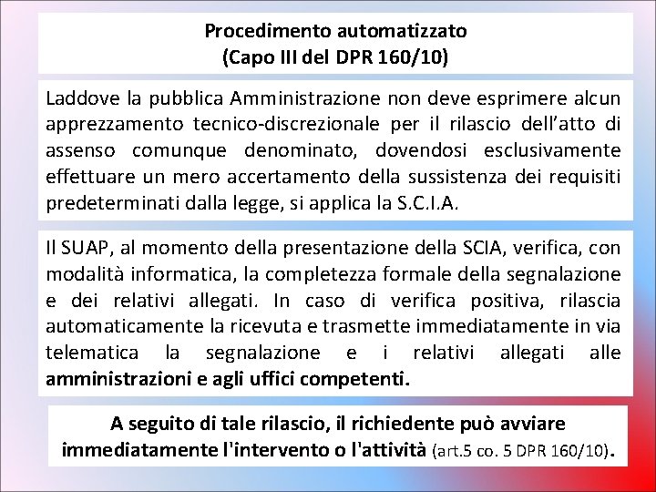 Procedimento automatizzato (Capo III del DPR 160/10) Laddove la pubblica Amministrazione non deve esprimere