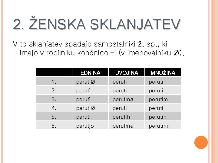 2. ŽENSKA SKLANJATEV V to sklanjatev spadajo samostalniki ž. sp. , ki imajo v