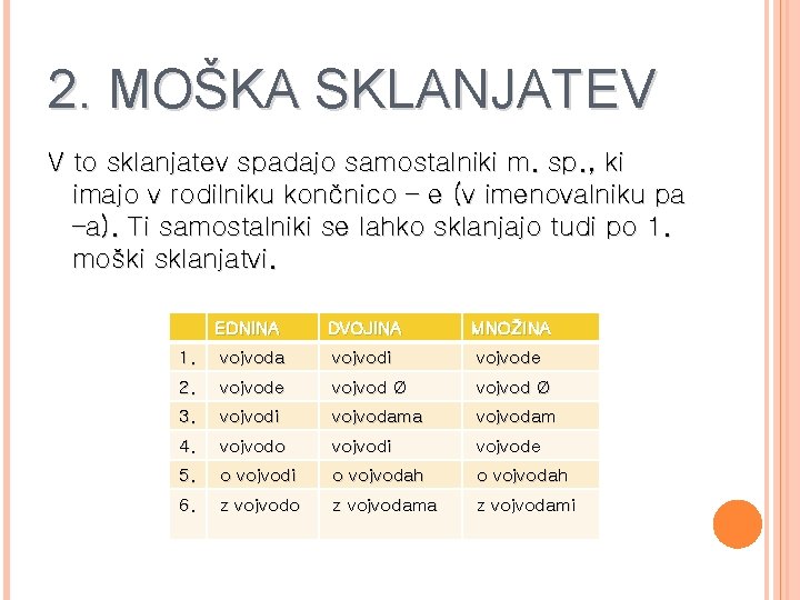 2. MOŠKA SKLANJATEV V to sklanjatev spadajo samostalniki m. sp. , ki imajo v