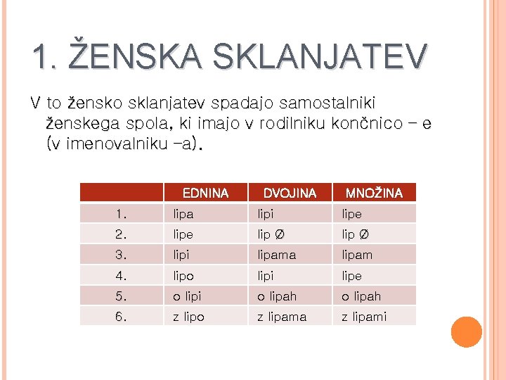 1. ŽENSKA SKLANJATEV V to žensko sklanjatev spadajo samostalniki ženskega spola, ki imajo v