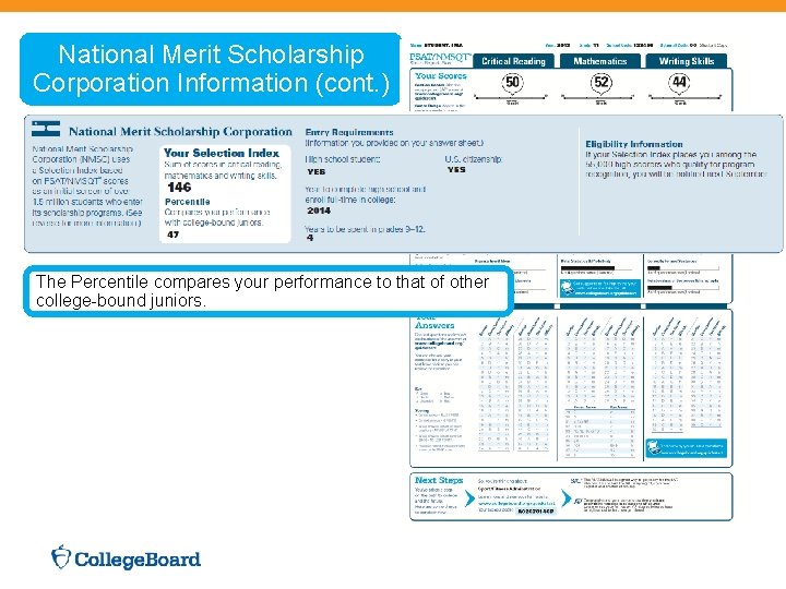  National Merit Scholarship Corporation Information (cont. ) The Percentile compares your performance to