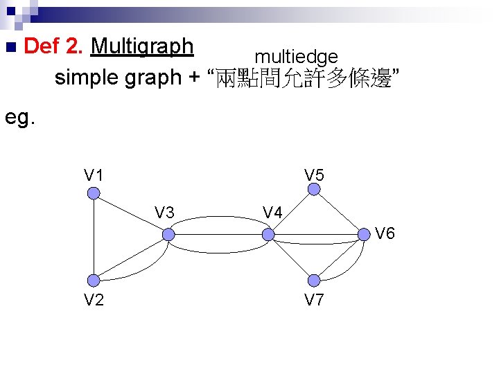 n Def 2. Multigraph multiedge simple graph + “兩點間允許多條邊” eg. V 1 V 5