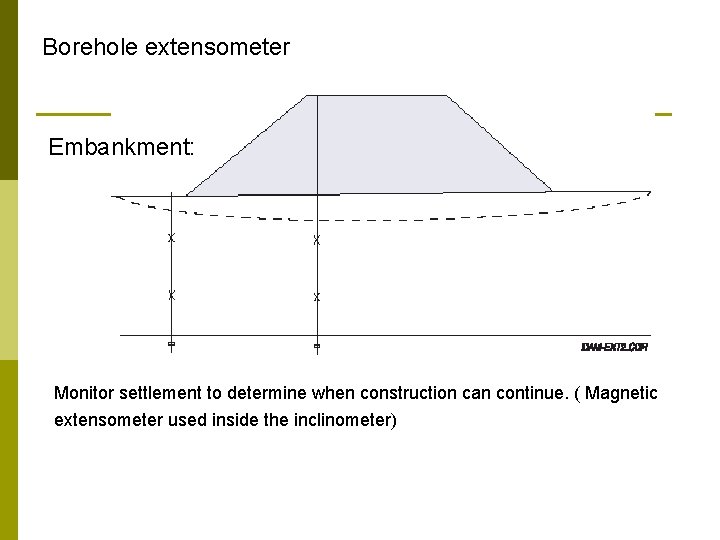 Borehole extensometer Embankment: Monitor settlement to determine when construction can continue. ( Magnetic extensometer