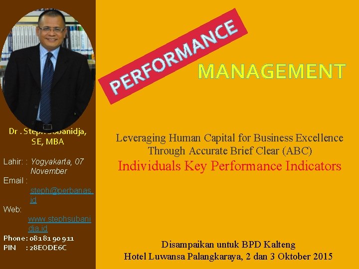 MANAGEMENT Dr. Steph Subanidja, SE, MBA Lahir: : Yogyakarta, 07 November Email : steph@perbanas.
