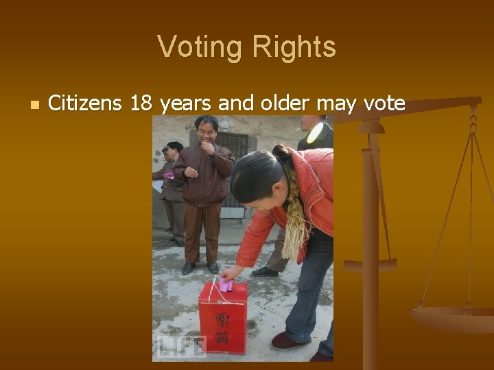 Voting Rights n Citizens 18 years and older may vote Voting Rights n Citizens 18 years and older may vote