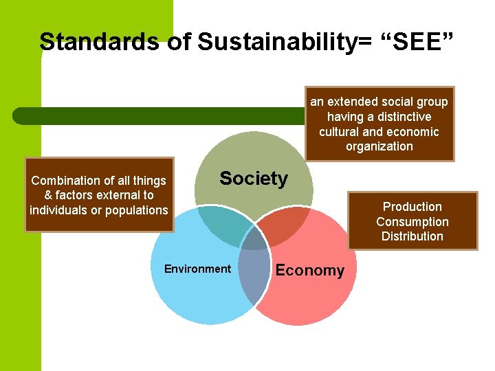 Standards of Sustainability= “SEE” an extended social group having a distinctive cultural and economic