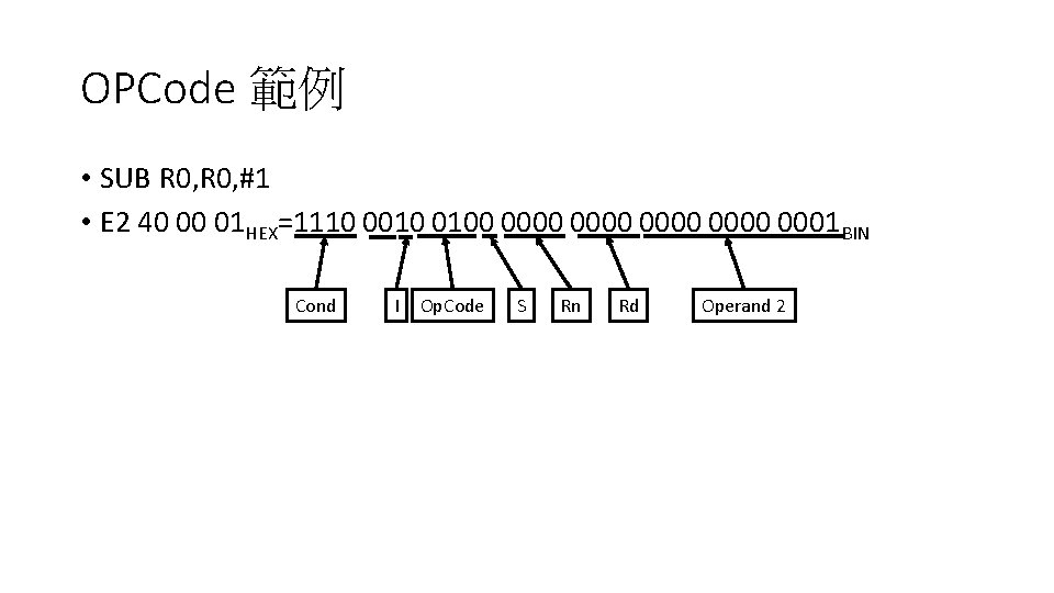 OPCode 範例 • SUB R 0, #1 • E 2 40 00 01 HEX=1110 OPCode 範例 • SUB R 0, #1 • E 2 40 00 01 HEX=1110