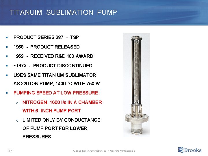 TITANUIM SUBLIMATION PUMP § PRODUCT SERIES 287 - TSP § 1968 - PRODUCT RELEASED