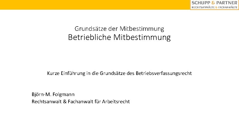 Grundsätze der Mitbestimmung Betriebliche Mitbestimmung Kurze Einführung in die Grundsätze des Betriebsverfassungsrecht Björn-M. Folgmann