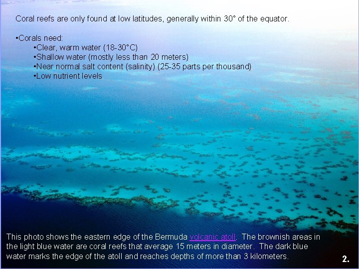 Coral reefs are only found at low latitudes, generally within 30° of the equator.