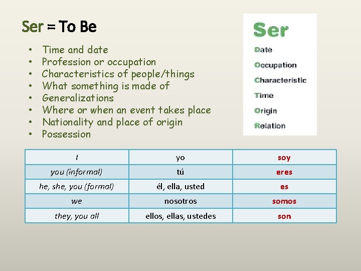 Ser = To Be • • Time and date Profession or occupation Characteristics of