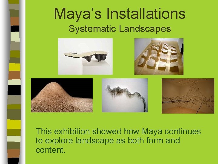 Maya’s Installations Systematic Landscapes This exhibition showed how Maya continues to explore landscape as