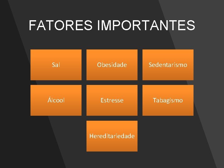 FATORES IMPORTANTES Sal Obesidade Sedentarismo Álcool Estresse Tabagismo Hereditariedade 