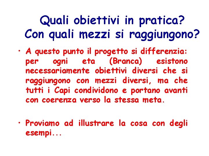 Quali obiettivi in pratica? Con quali mezzi si raggiungono? • A questo punto il