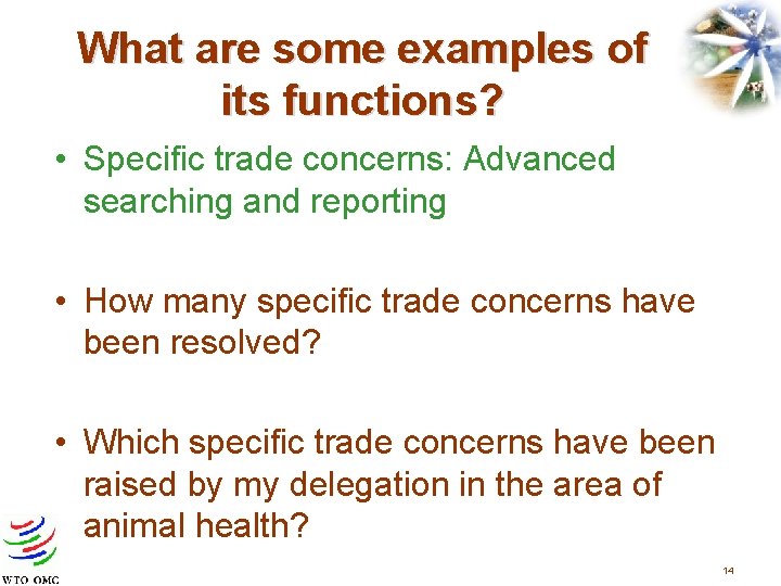 What are some examples of its functions? • Specific trade concerns: Advanced searching and