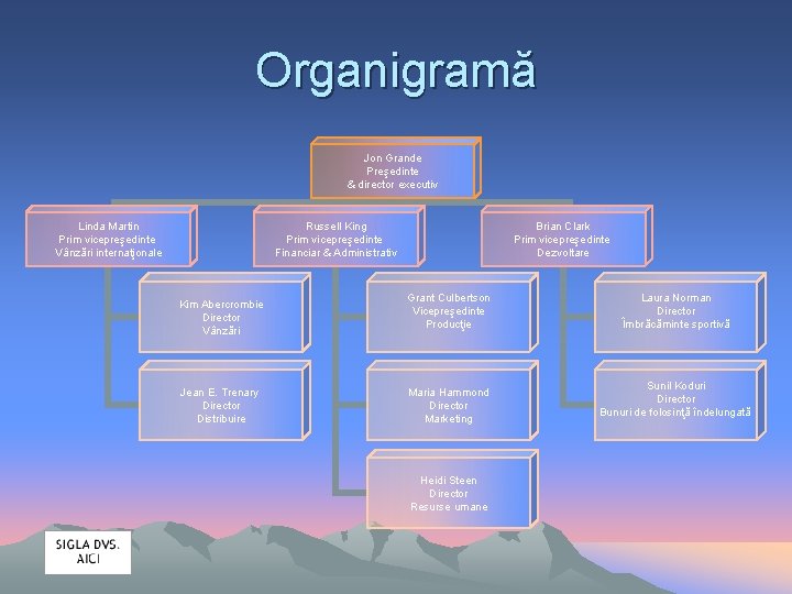 Organigramă Jon Grande Preşedinte & director executiv Linda Martin Prim vicepreşedinte Vânzări internaţionale Russell