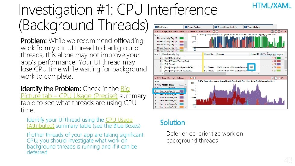 Investigation #1: CPU Interference (Background Threads) HTML/XAML Problem: While we recommend offloading work from