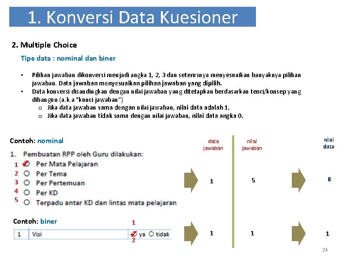 1. Konversi Data Kuesioner 2. Multiple Choice Tipe data : nominal dan biner •