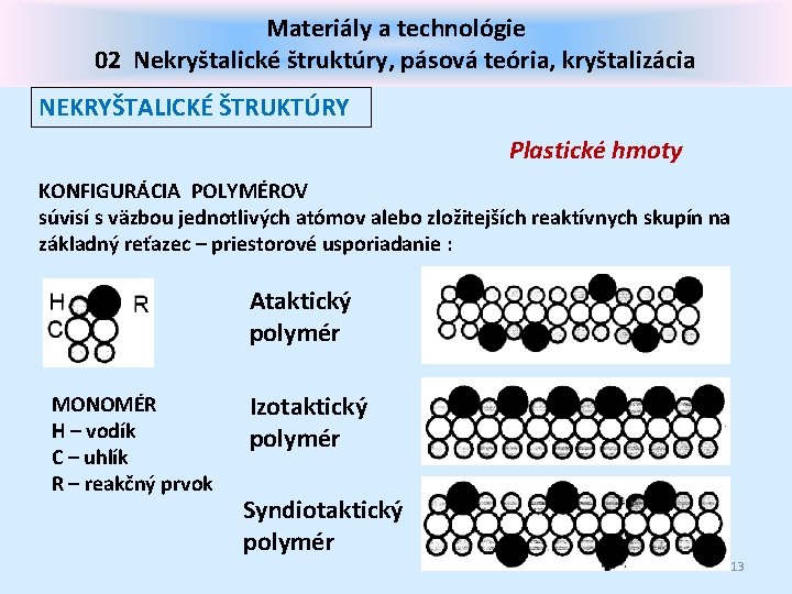 Materiály a technológie 02 Nekryštalické štruktúry, pásová teória, kryštalizácia NEKRYŠTALICKÉ ŠTRUKTÚRY Plastické hmoty KONFIGURÁCIA