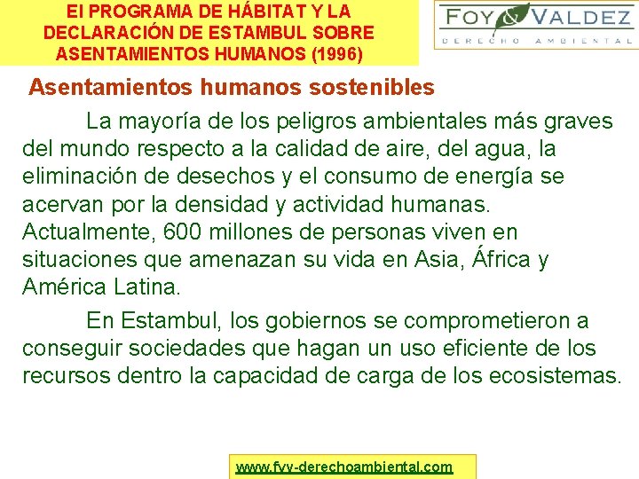 El PROGRAMA DE HÁBITAT Y LA DECLARACIÓN DE ESTAMBUL SOBRE ASENTAMIENTOS HUMANOS (1996) Asentamientos