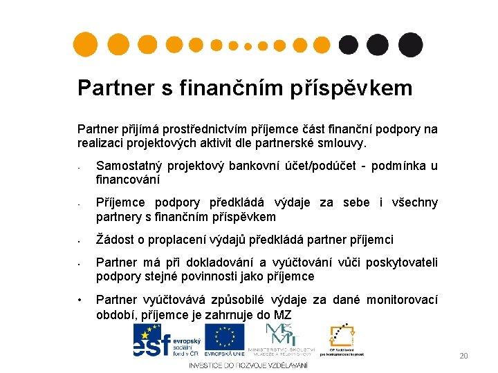 Partner s finančním příspěvkem Partner přijímá prostřednictvím příjemce část finanční podpory na realizaci projektových Partner s finančním příspěvkem Partner přijímá prostřednictvím příjemce část finanční podpory na realizaci projektových