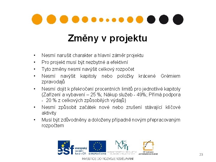 Změny v projektu • • Nesmí narušit charakter a hlavní záměr projektu Pro projekt Změny v projektu • • Nesmí narušit charakter a hlavní záměr projektu Pro projekt