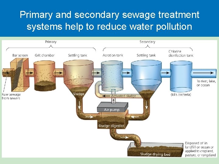 Primary and secondary sewage treatment systems help to reduce water pollution 