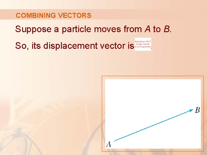 COMBINING VECTORS Suppose a particle moves from A to B. So, its displacement vector