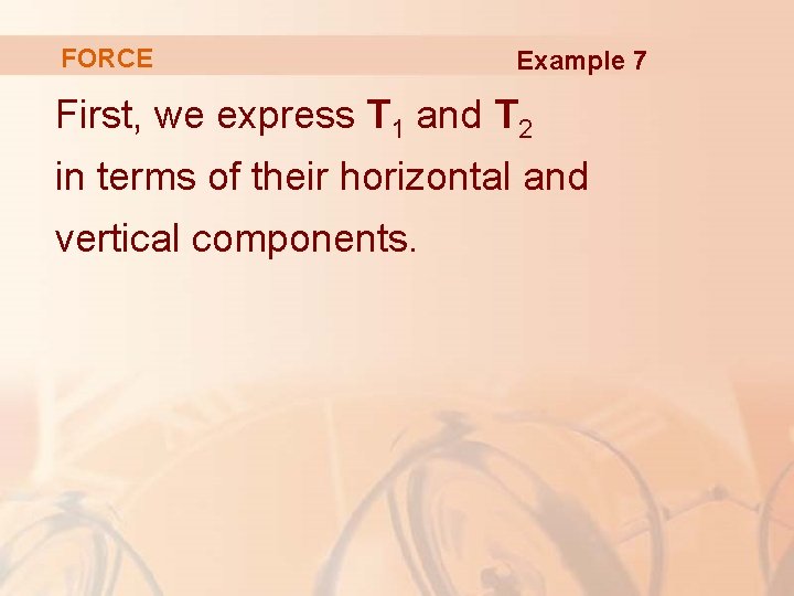 FORCE Example 7 First, we express T 1 and T 2 in terms of