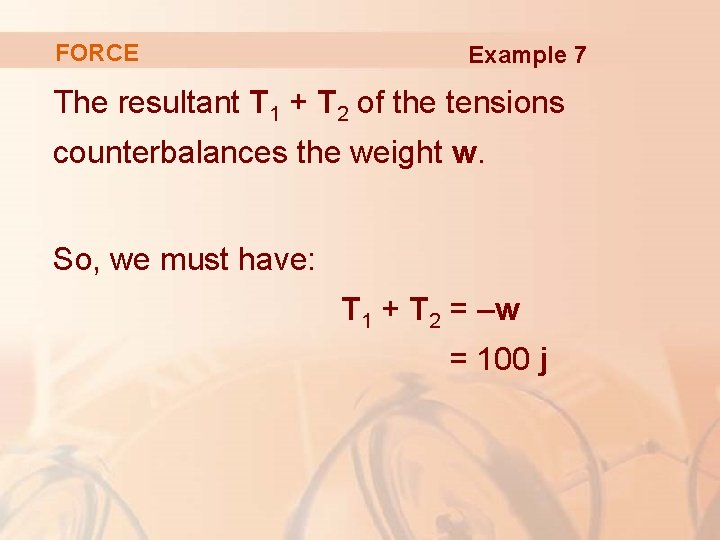 FORCE Example 7 The resultant T 1 + T 2 of the tensions counterbalances