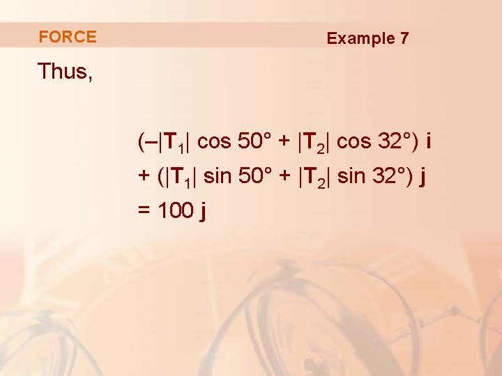 FORCE Example 7 Thus, (–|T 1| cos 50° + |T 2| cos 32°) i