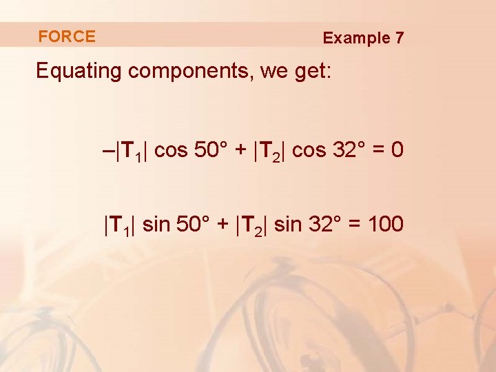 FORCE Example 7 Equating components, we get: –|T 1| cos 50° + |T 2|