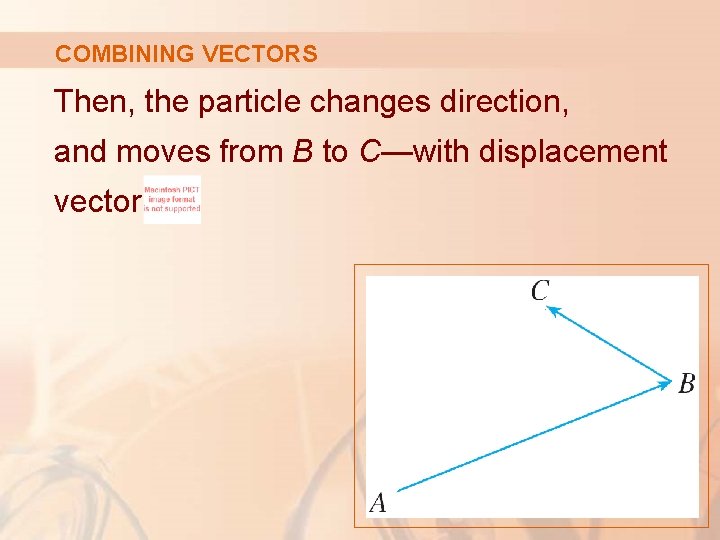 COMBINING VECTORS Then, the particle changes direction, and moves from B to C—with displacement