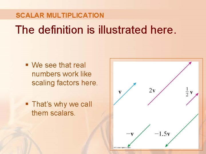 SCALAR MULTIPLICATION The definition is illustrated here. § We see that real numbers work