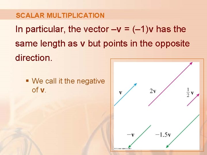 SCALAR MULTIPLICATION In particular, the vector –v = (– 1)v has the same length