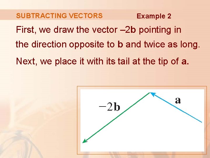 SUBTRACTING VECTORS Example 2 First, we draw the vector – 2 b pointing in