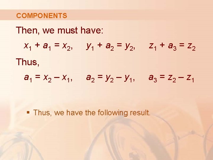 COMPONENTS Then, we must have: x 1 + a 1 = x 2, y