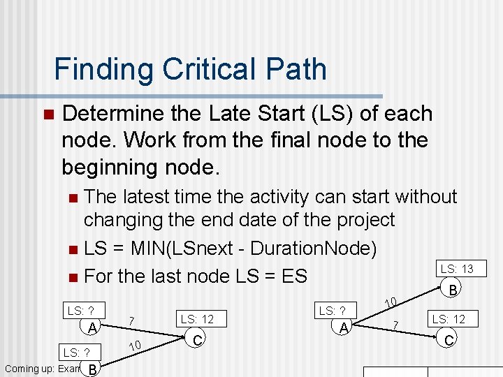 Finding Critical Path n Determine the Late Start (LS) of each node. Work from