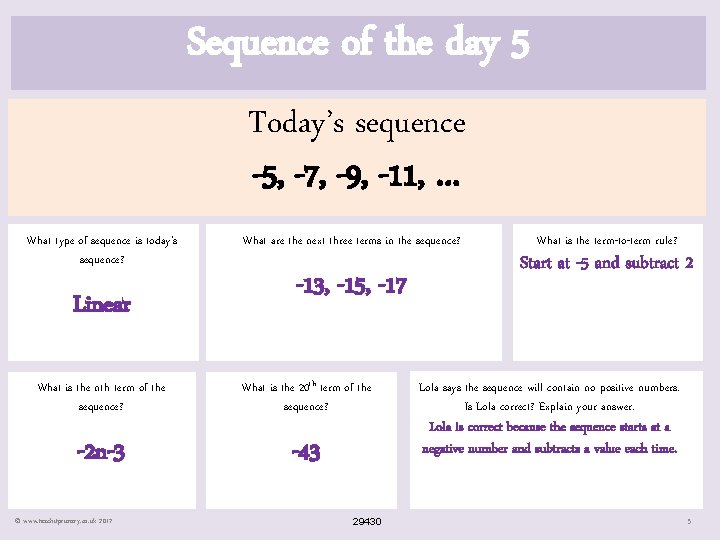 Sequence of the day 5 Today’s sequence -5, -7, -9, -11, … What type