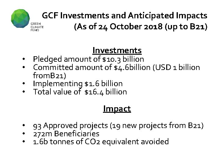 GCF Investments and Anticipated Impacts (As of 24 October 2018 (up to B 21)