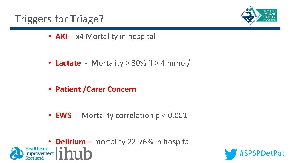 Triggers for Triage? • AKI - x 4 Mortality in hospital • Lactate -