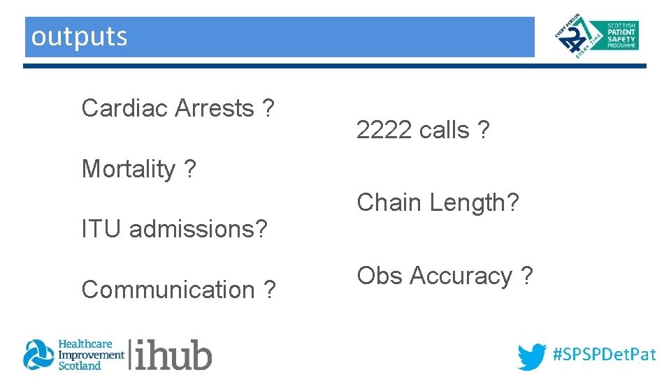 outputs Outputs Cardiac Arrests ? 2222 calls ? Mortality ? ITU admissions? Communication ?
