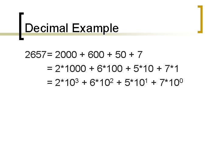 Decimal Example 2657= 2000 + 600 + 50 + 7 = 2*1000 + 6*100