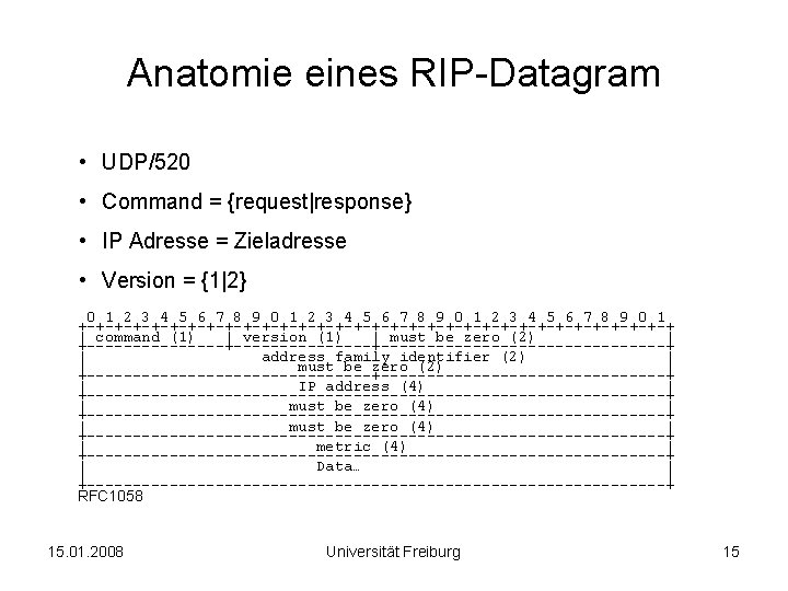 Anatomie eines RIP-Datagram • UDP/520 • Command = {request|response} • IP Adresse = Zieladresse