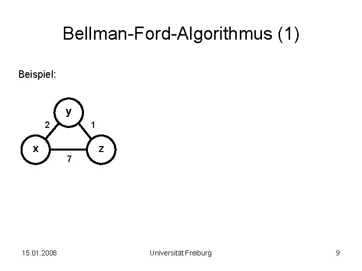 Bellman-Ford-Algorithmus (1) Beispiel: y 2 x 15. 01. 2008 1 7 z Universität Freiburg