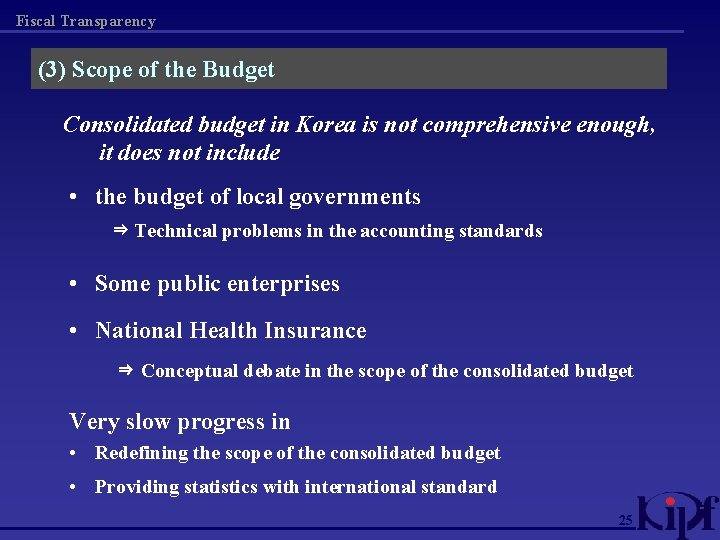 Fiscal Transparency (3) Scope of the Budget Consolidated budget in Korea is not comprehensive