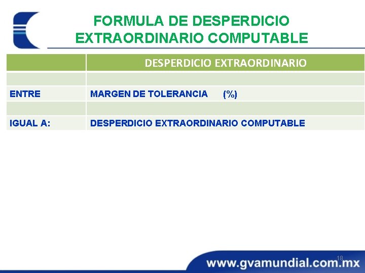 FORMULA DE DESPERDICIO EXTRAORDINARIO COMPUTABLE DESPERDICIO EXTRAORDINARIO ENTRE MARGEN DE TOLERANCIA (%) IGUAL A:
