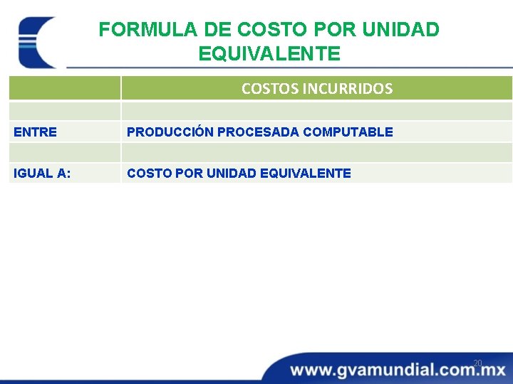 FORMULA DE COSTO POR UNIDAD EQUIVALENTE COSTOS INCURRIDOS ENTRE PRODUCCIÓN PROCESADA COMPUTABLE IGUAL A: